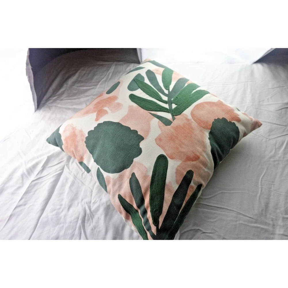 Pier‎ 1 Imports Embroidered Floral  Pillow 12X12, Cotton Stuffed Home Decor Palm
